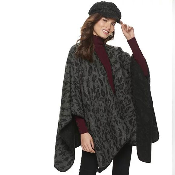 Apt. 9 Black/Gray Reversible Leopard Preppy Ruana Poncho One Size - Picture 1 of 12